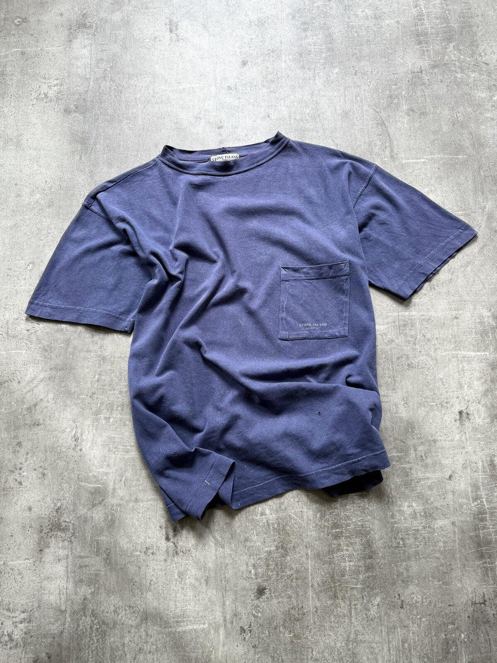Vintage 80s Stone Island Marina Garment Dye Distressed Square Pocket Graphic Tee