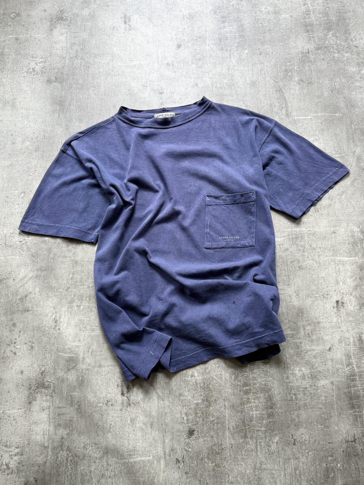 Vintage 80s Stone Island Marina Garment Dye Distressed Square Pocket Graphic Tee