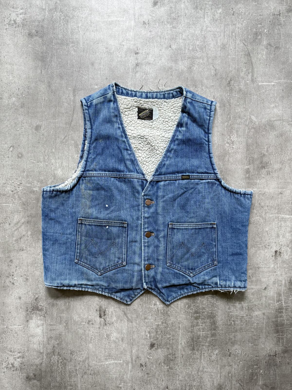 Vintage 1970’s Maverick USA Pile Fleece Lined Sanforised Denim Button Down Vest.