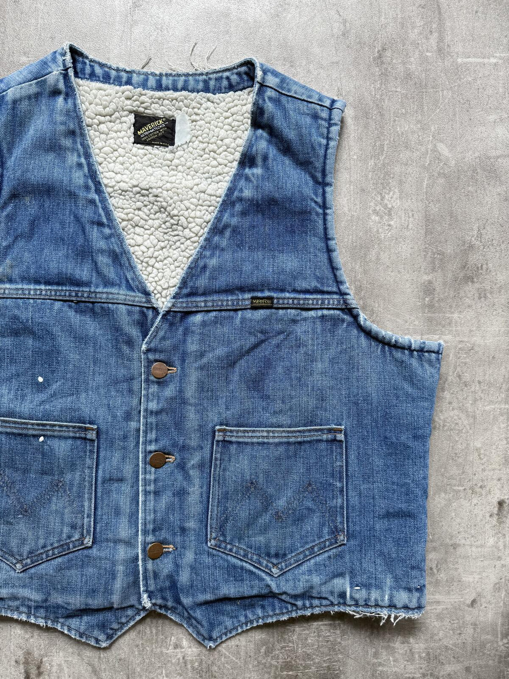 Vintage 1970’s Maverick USA Pile Fleece Lined Sanforised Denim Button Down Vest.