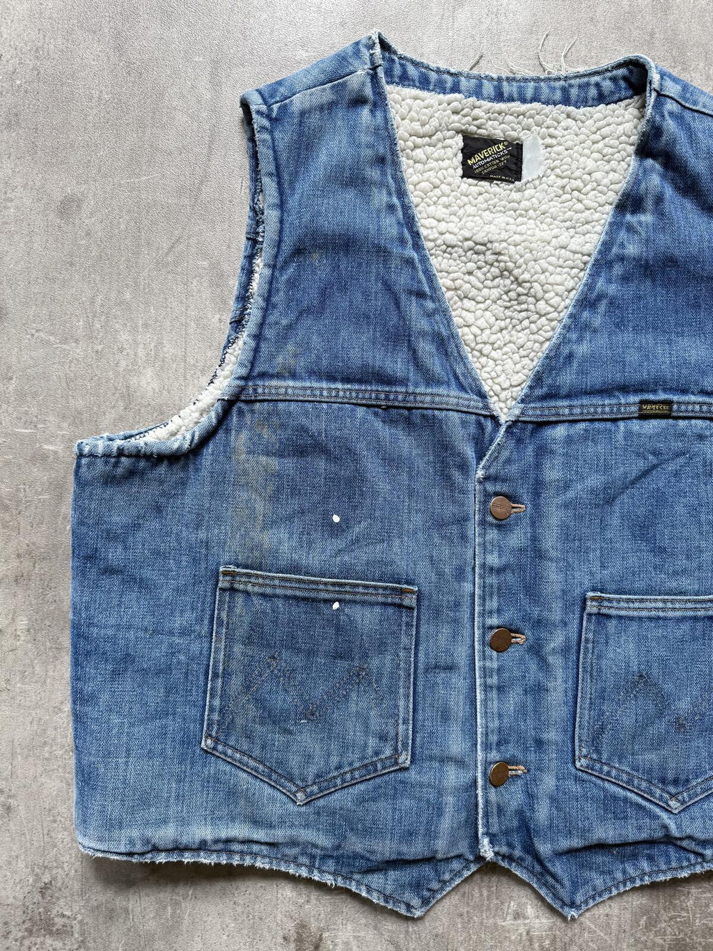 Vintage 1970’s Maverick USA Pile Fleece Lined Sanforised Denim Button Down Vest.