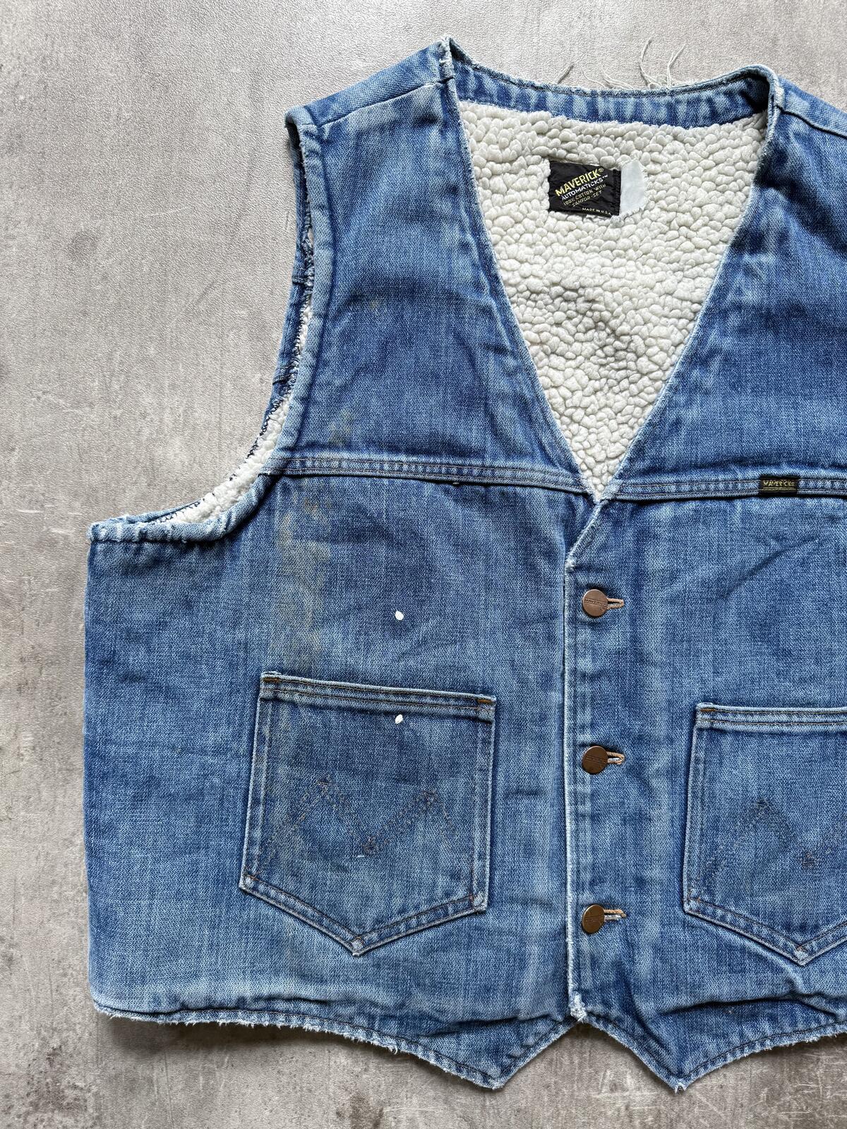 Vintage 1970’s Maverick USA Pile Fleece Lined Sanforised Denim Button Down Vest.