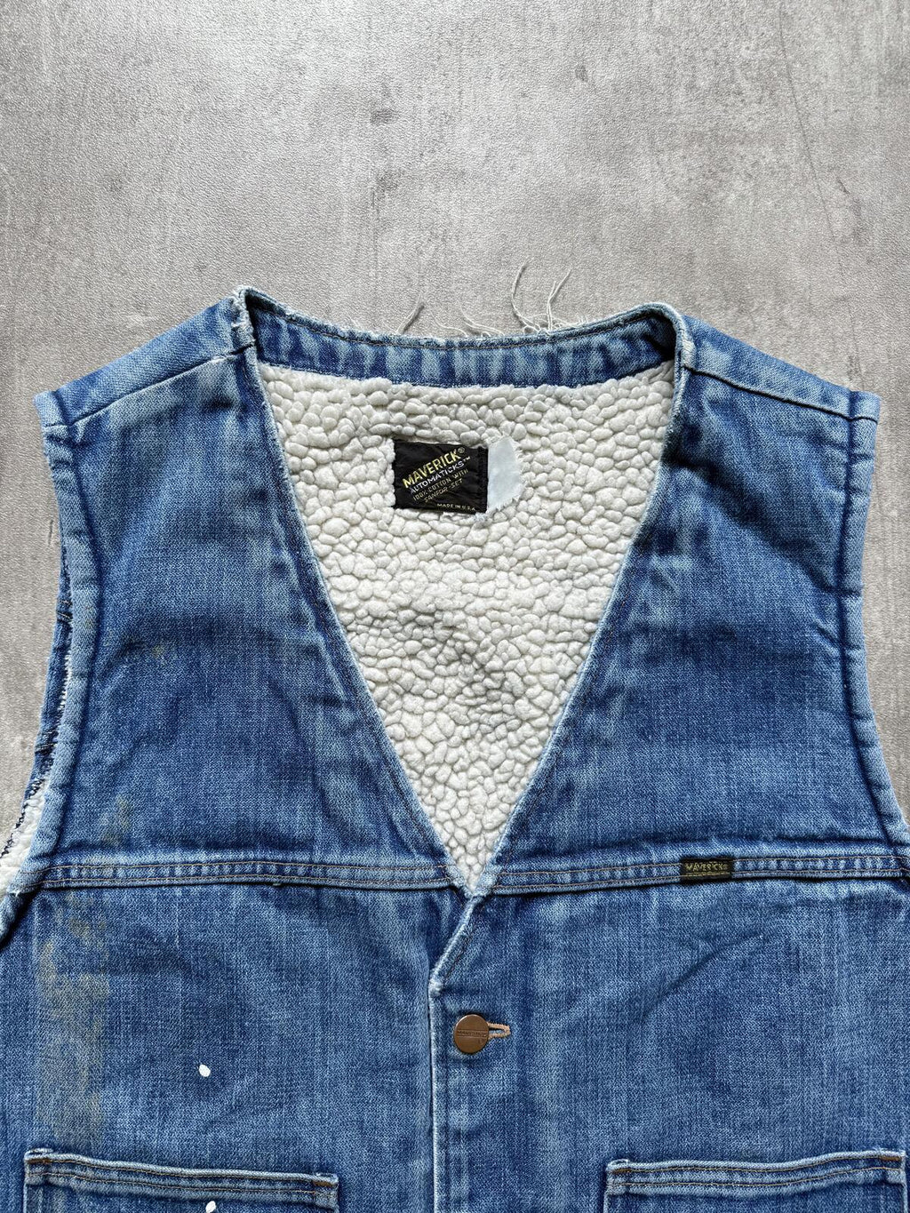 Vintage 1970’s Maverick USA Pile Fleece Lined Sanforised Denim Button Down Vest.