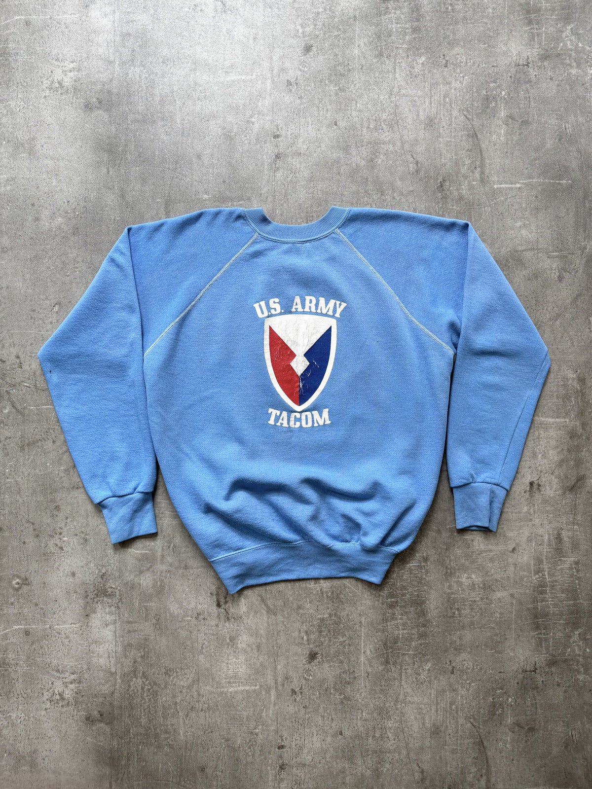 Vintage 1970’s US Army TACOM Raglan Sleeve Graphic Knit Drill Sweatshirt.