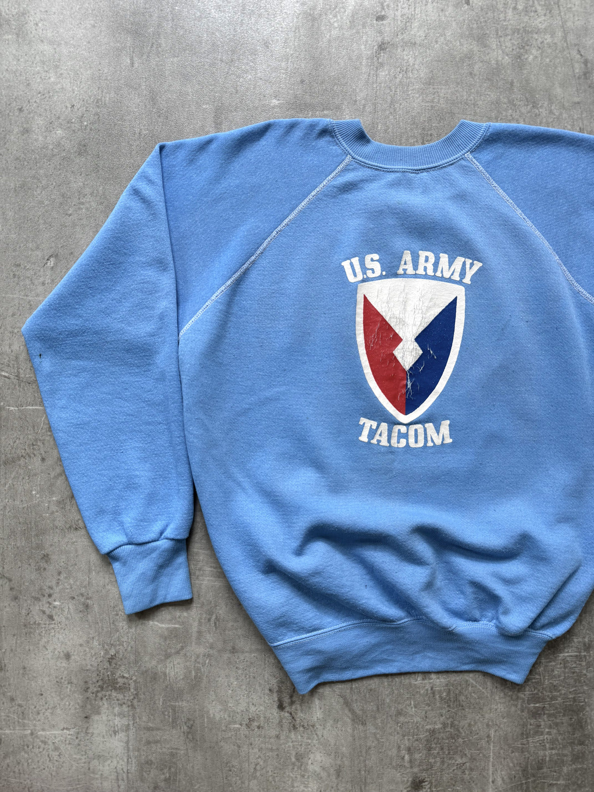 Vintage 1970’s US Army TACOM Raglan Sleeve Graphic Knit Drill Sweatshirt.