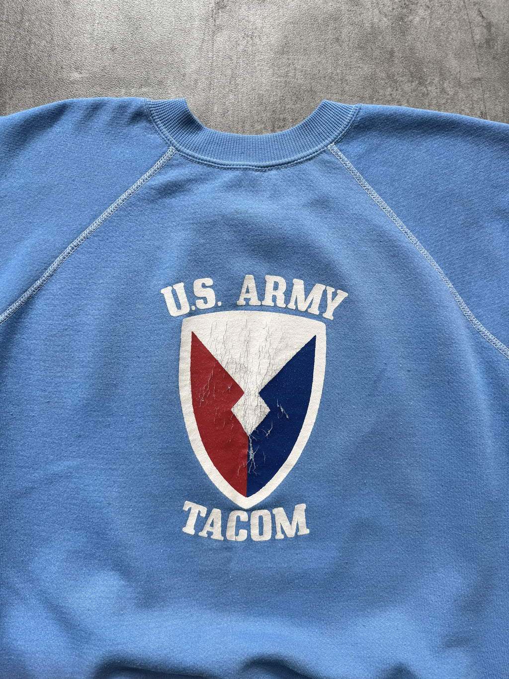 Vintage 1970’s US Army TACOM Raglan Sleeve Graphic Knit Drill Sweatshirt.