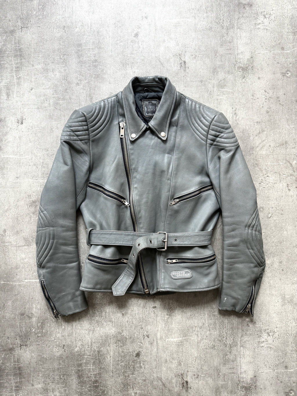 Vintage 1980's German Moto Dress Grey Leather Belted Motorcycle Jacket.