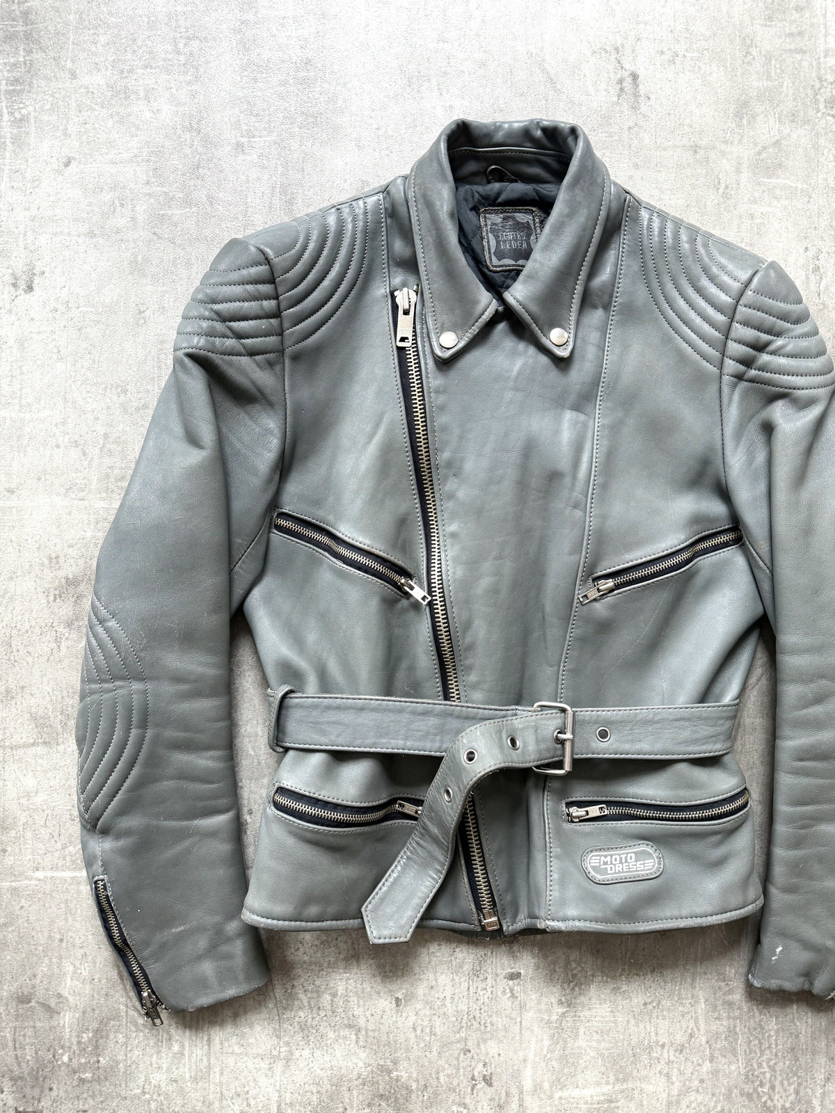 Vintage 1980's German Moto Dress Grey Leather Belted Motorcycle Jacket.
