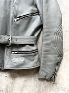 Vintage 1980's German Moto Dress Grey Leather Belted Motorcycle Jacket.