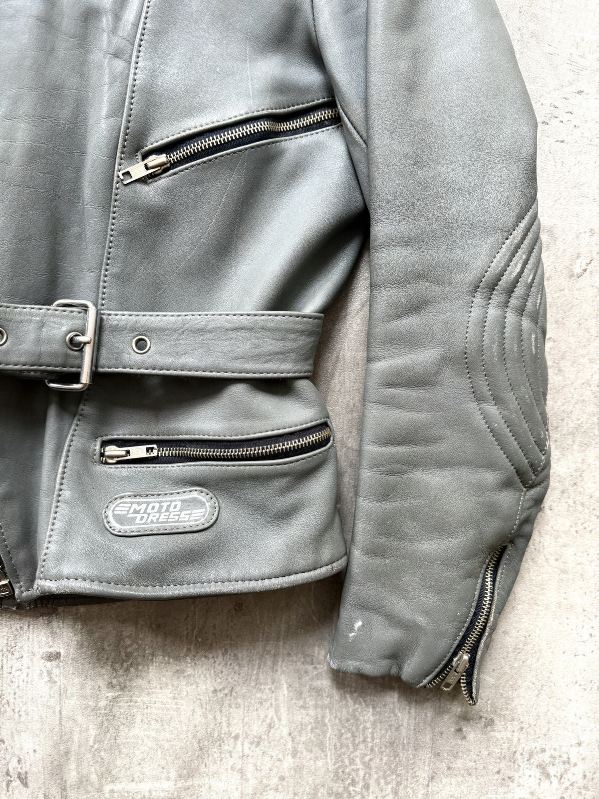 Vintage 1980's German Moto Dress Grey Leather Belted Motorcycle Jacket.