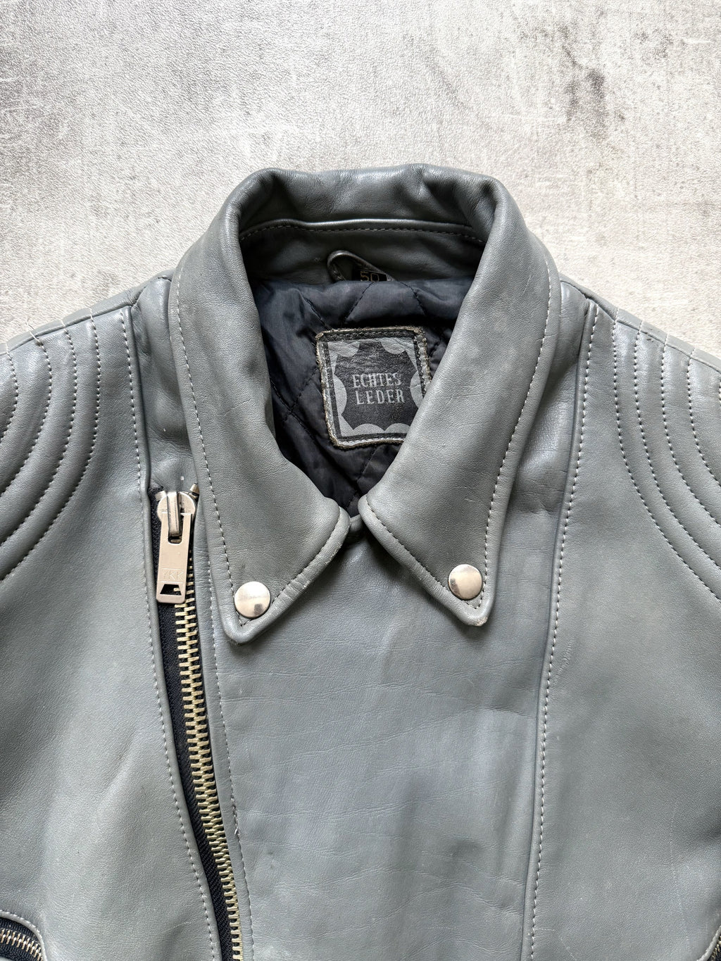Vintage 1980's German Moto Dress Grey Leather Belted Motorcycle Jacket.