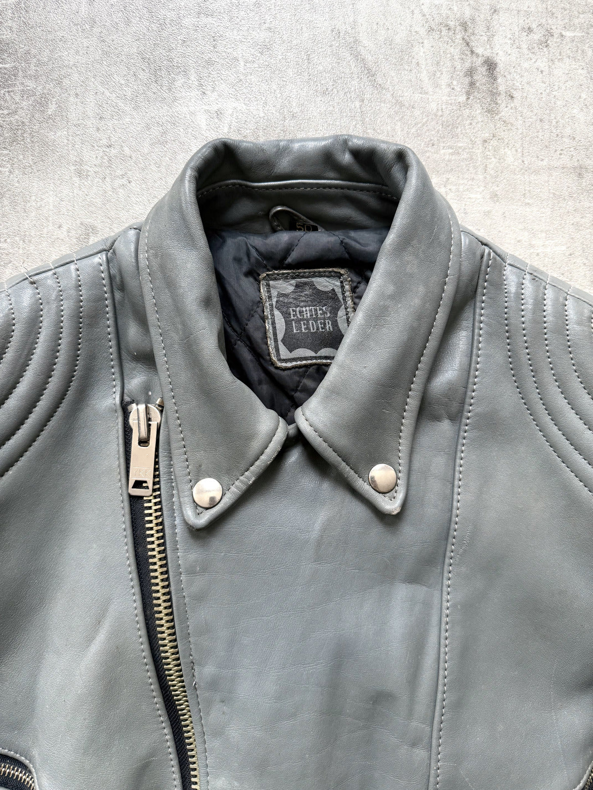 Vintage 1980's German Moto Dress Grey Leather Belted Motorcycle Jacket.