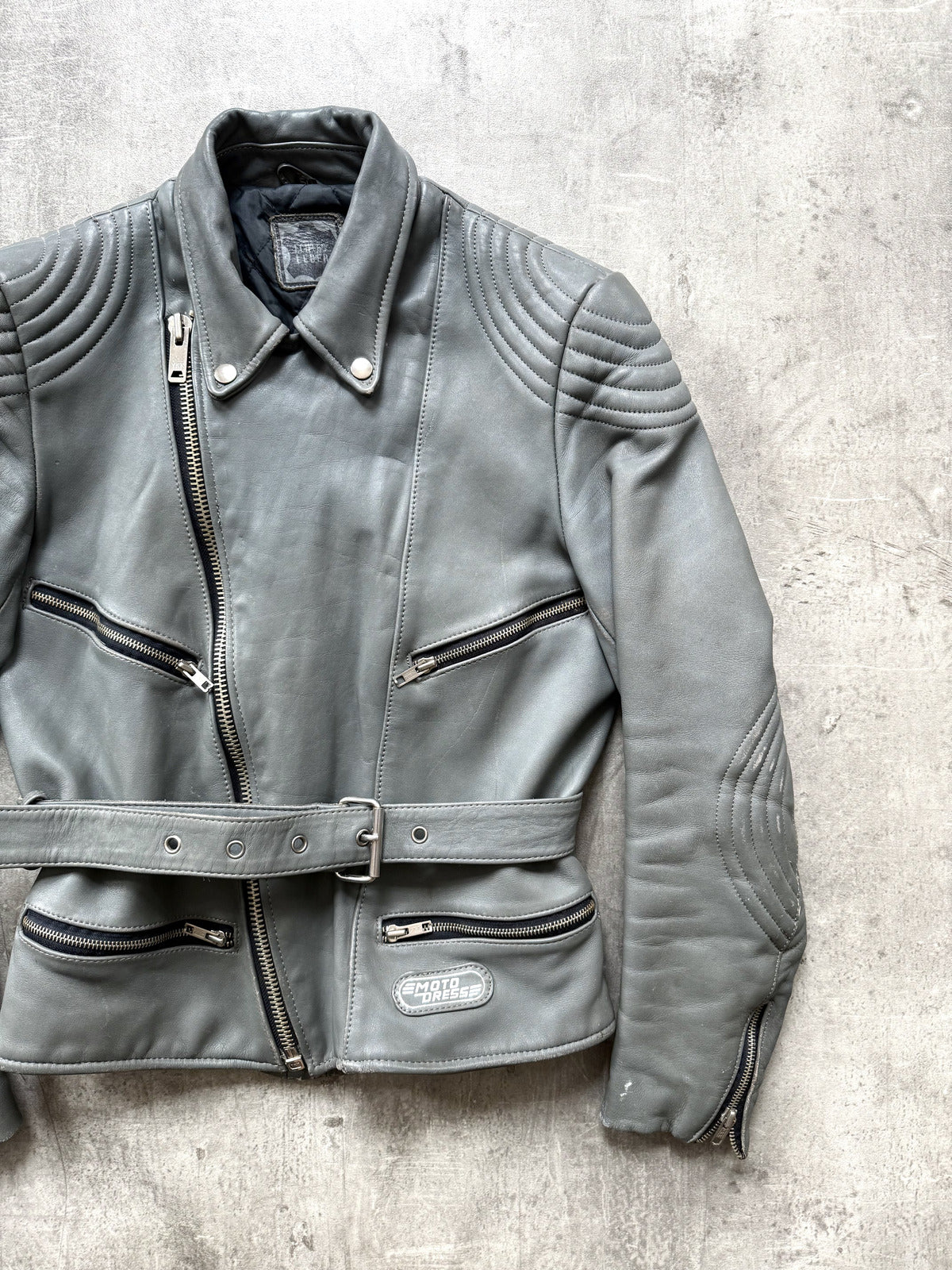 Vintage 1980's German Moto Dress Grey Leather Belted Motorcycle Jacket.