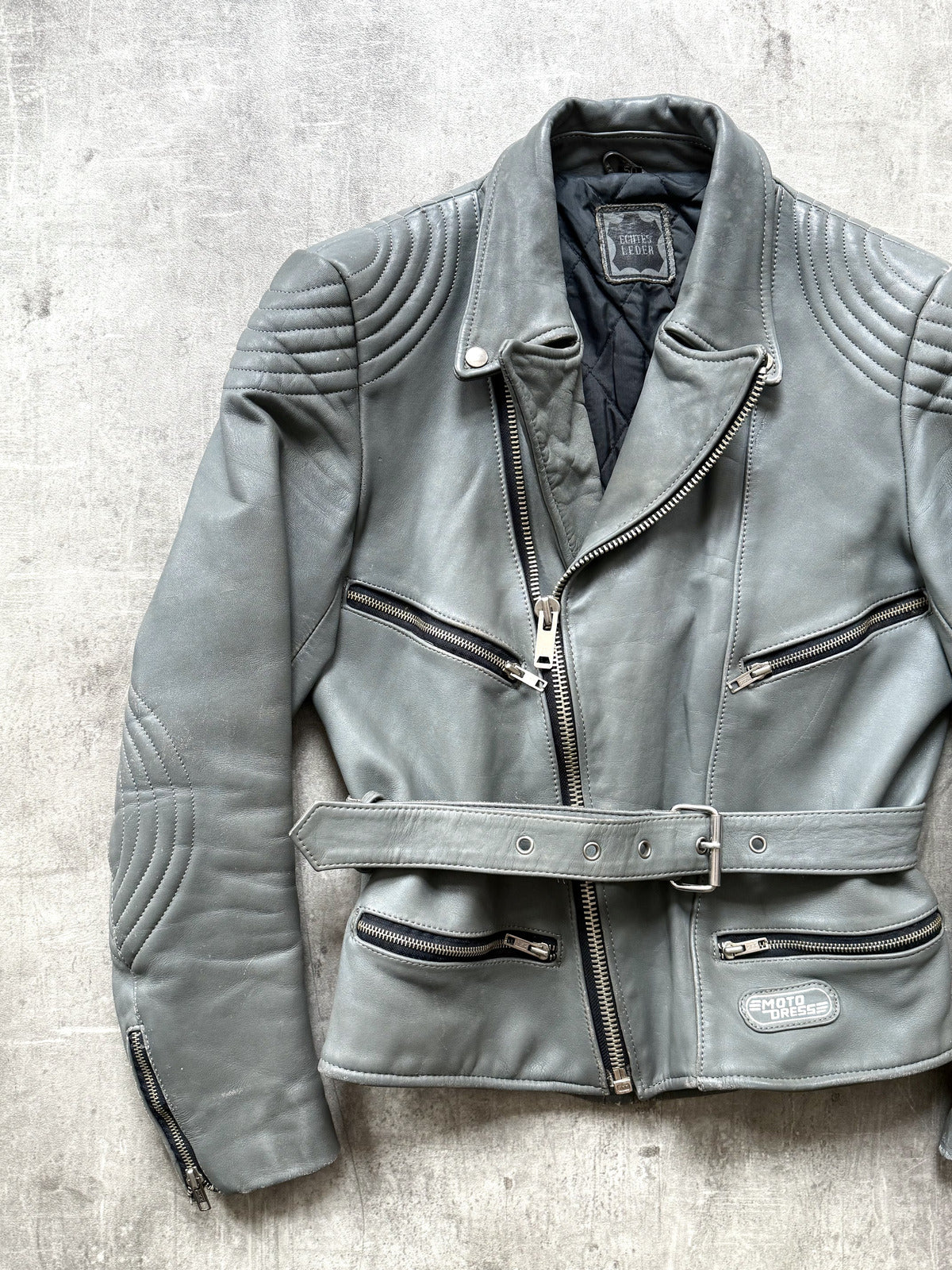 Vintage 1980's German Moto Dress Grey Leather Belted Motorcycle Jacket.
