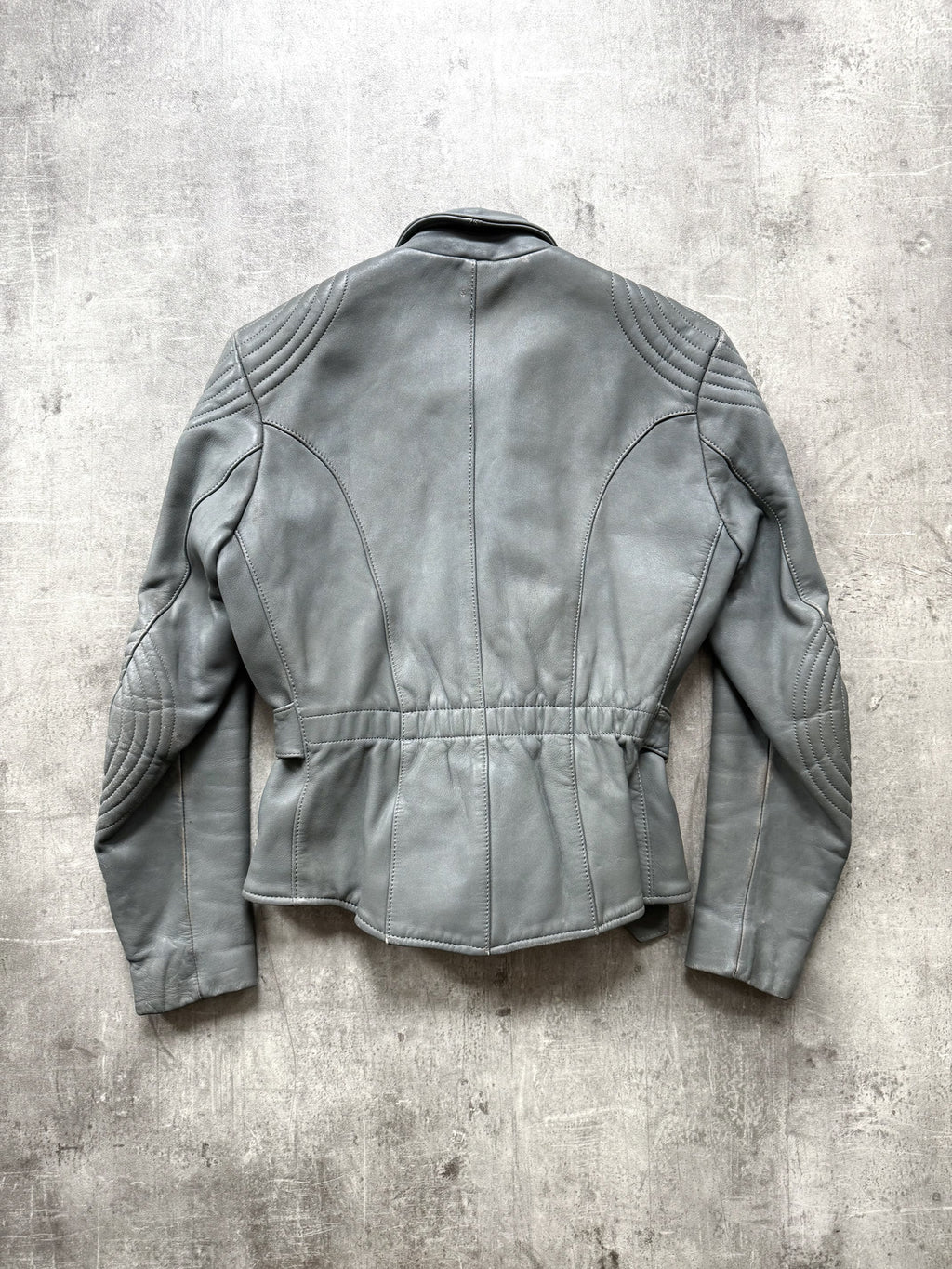 Vintage 1980's German Moto Dress Grey Leather Belted Motorcycle Jacket.