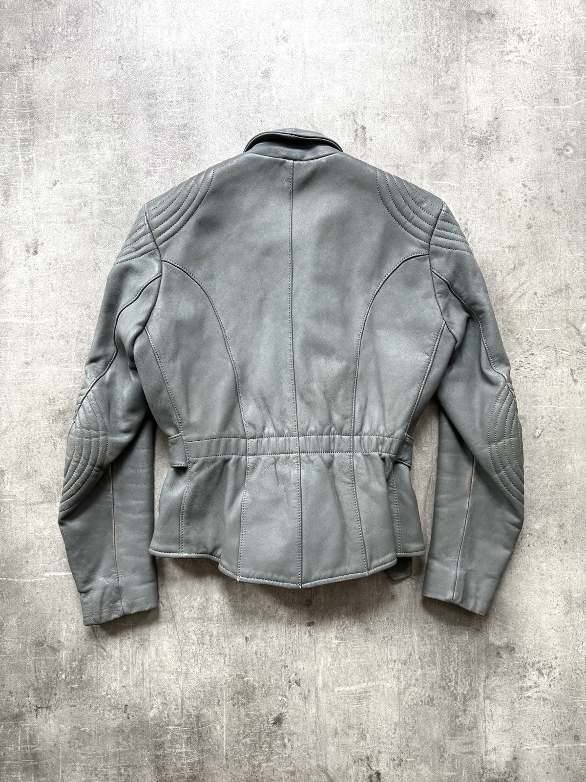Vintage 1980's German Moto Dress Grey Leather Belted Motorcycle Jacket.