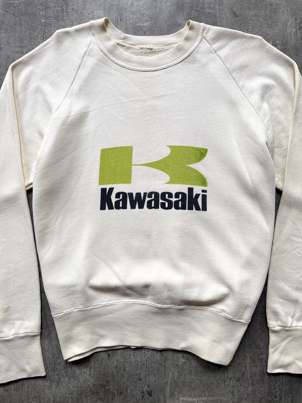 Vintage 70s 80s Kawasaki Japan Motorcycles Cropped Graphic Raglan Sweatshirt.