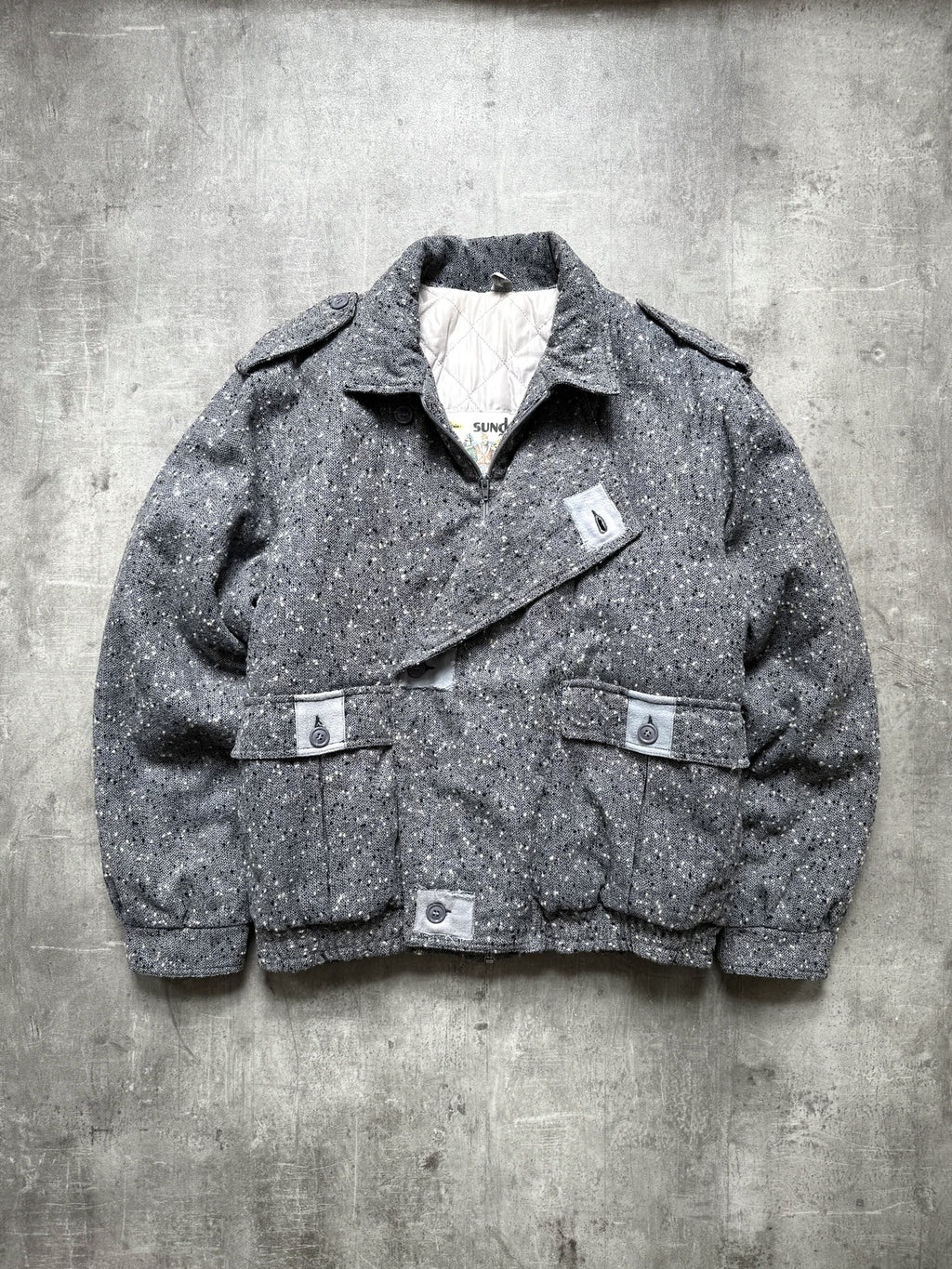 Vintage 1980s Sundenim Italian Salt & Pepper Tweed Quilted Flight Bomber Blouson