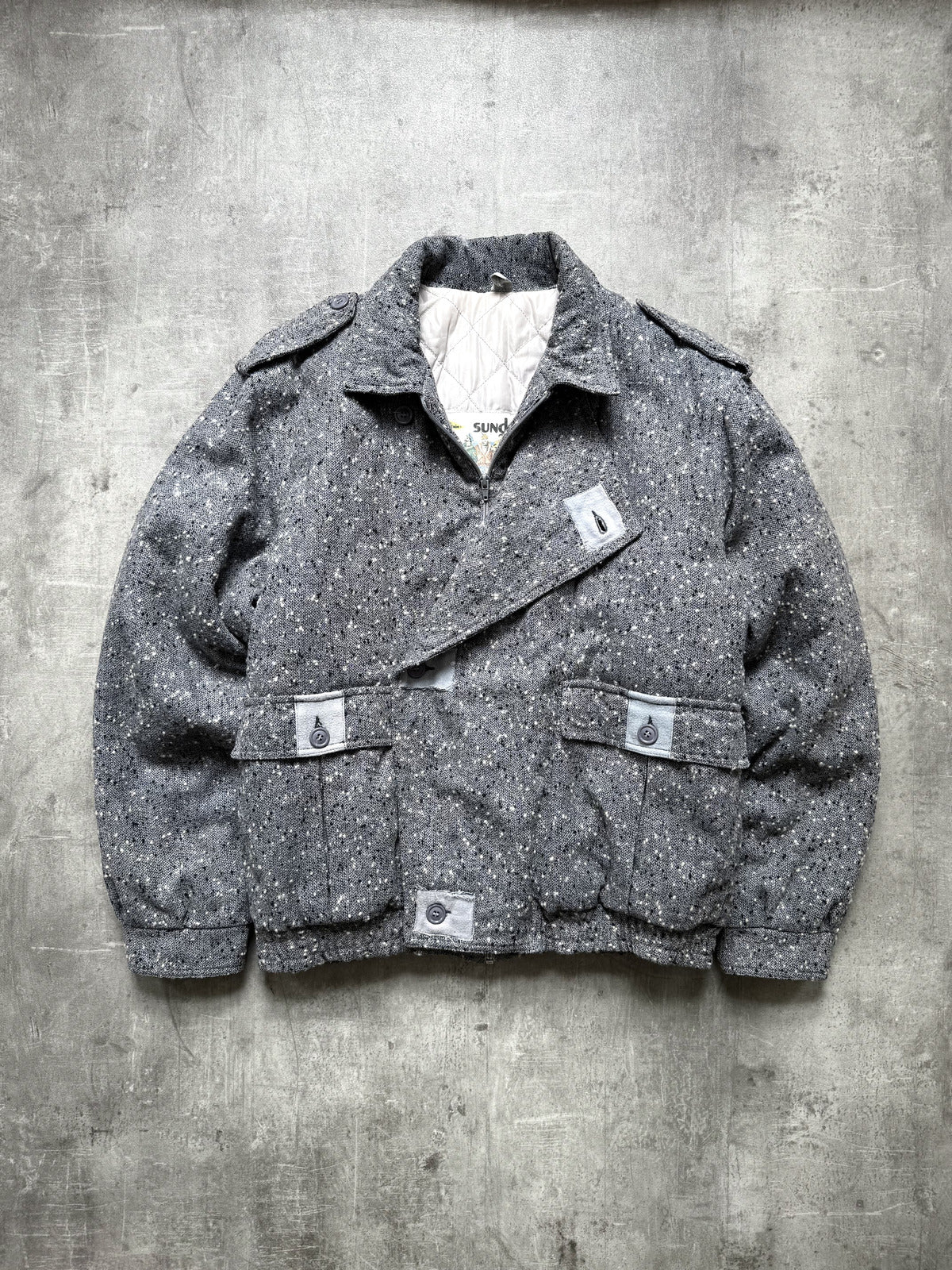 Vintage 1980s Sundenim Italian Salt & Pepper Tweed Quilted Flight Bomber Blouson