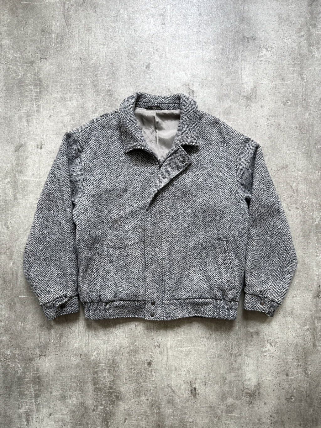 Vintage 70s West German Chevron Herringbone Tweed Wool Blouson Harrington Jacket