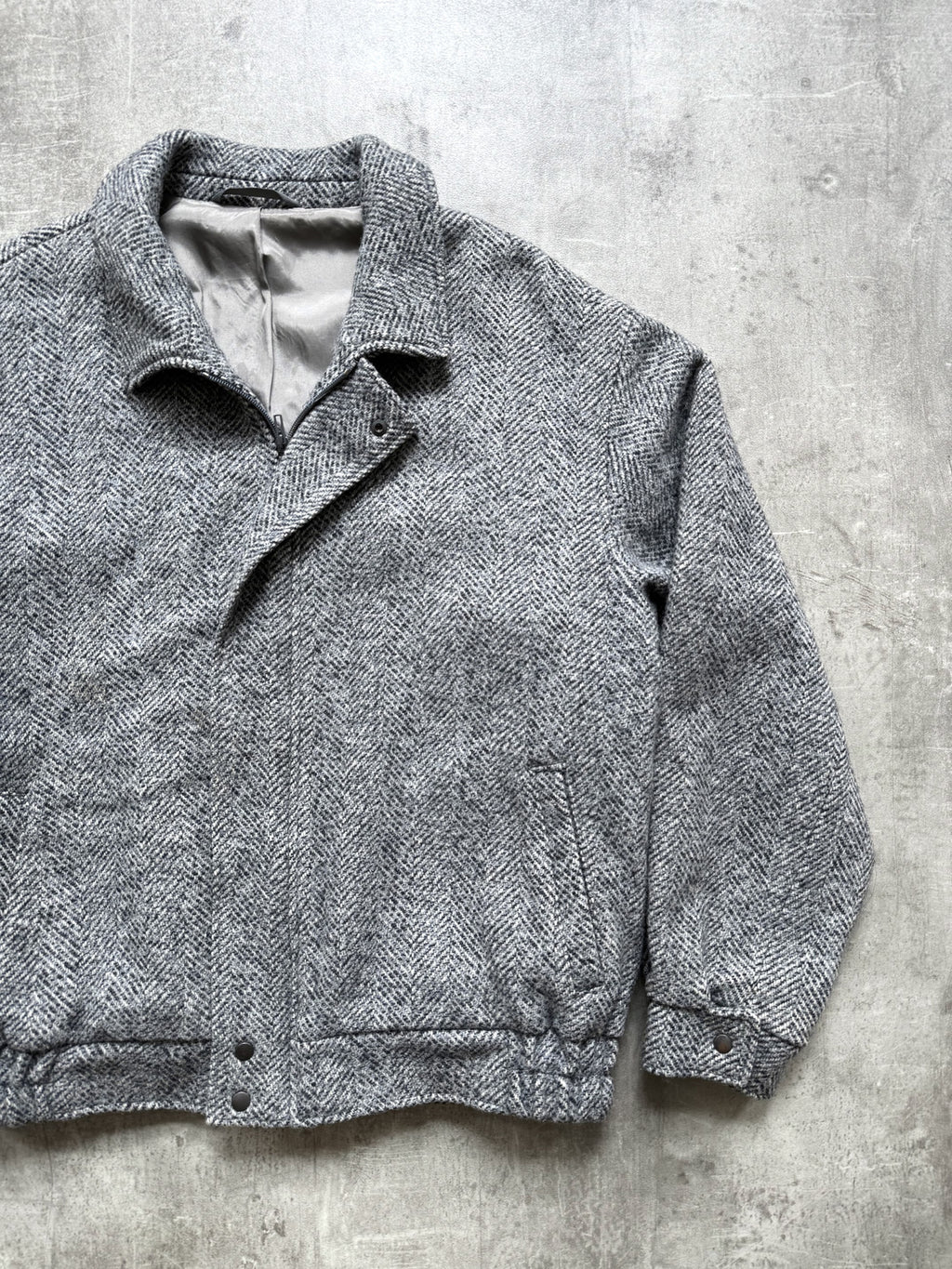 Vintage 70s West German Chevron Herringbone Tweed Wool Blouson Harrington Jacket