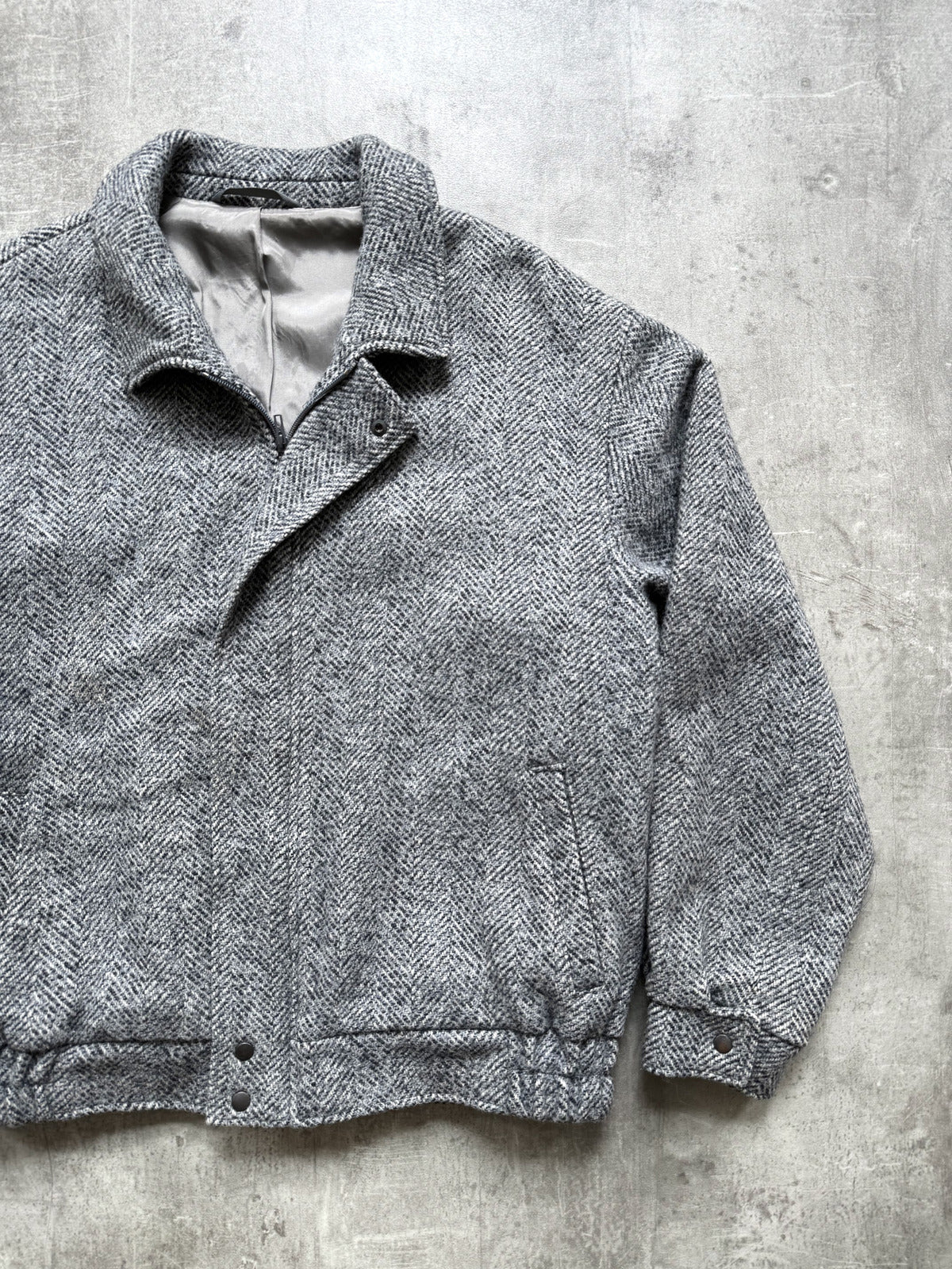 Vintage 70s West German Chevron Herringbone Tweed Wool Blouson Harrington Jacket