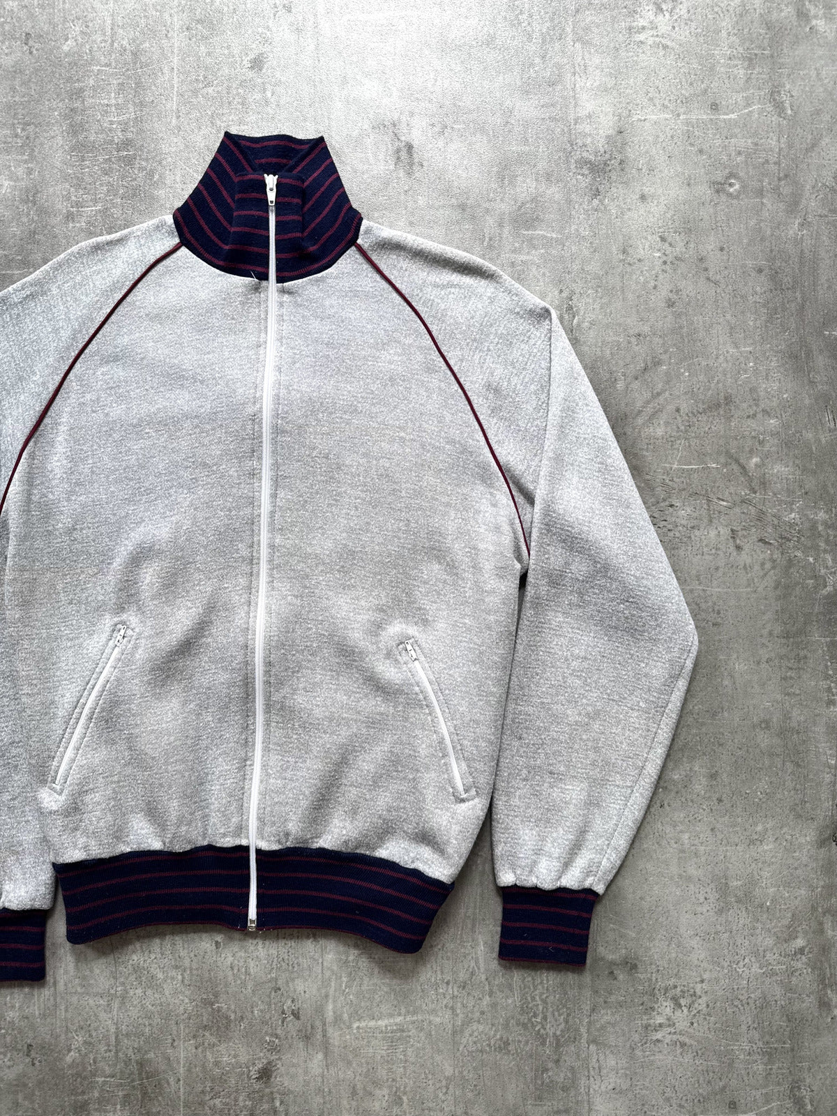 Vintage 1980's Rodeo Fleece Lined Raglan Sleeve Stripe Collar Track Sweatshirt.
