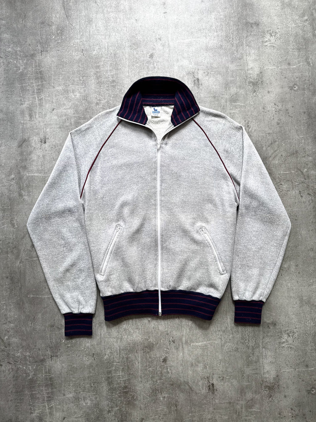Vintage 1980's Rodeo Fleece Lined Raglan Sleeve Stripe Collar Track Sweatshirt.
