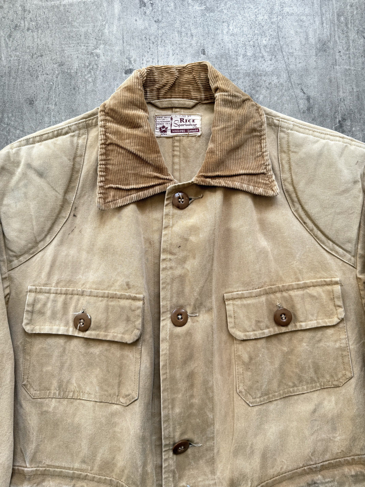 Vintage 1950’s Canadian Rice Sportswear Faded Duck Canvas Field Coat.