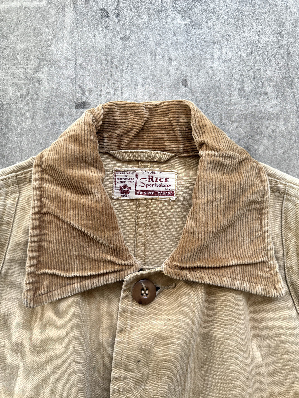 Vintage 1950’s Canadian Rice Sportswear Faded Duck Canvas Field Coat.