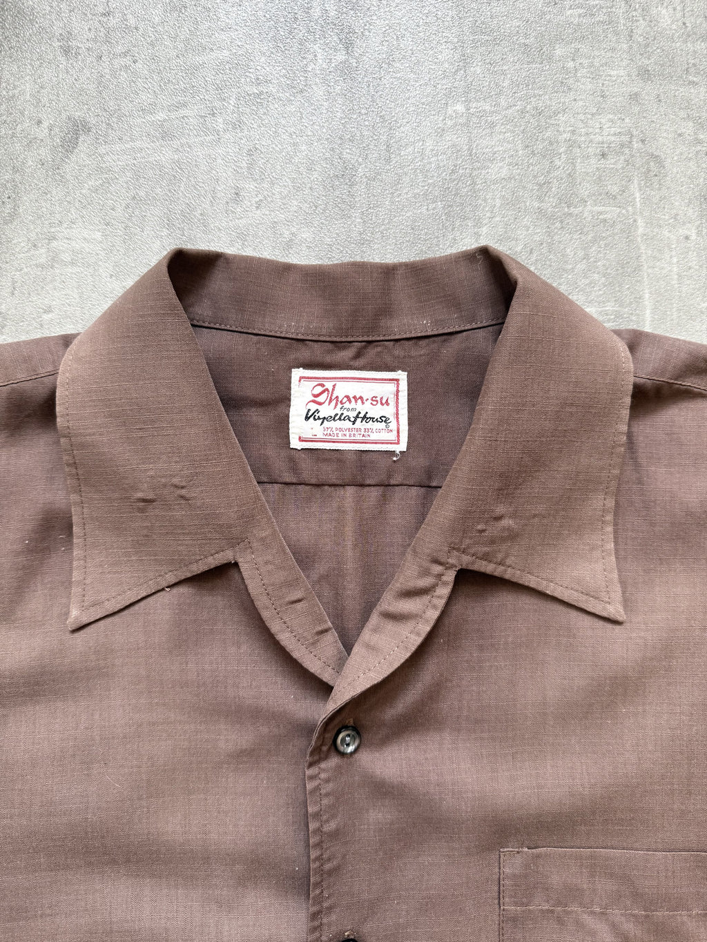 Vintage 1960's British Viyella Open Collar Brown Pocket Holiday Summer Shirt.