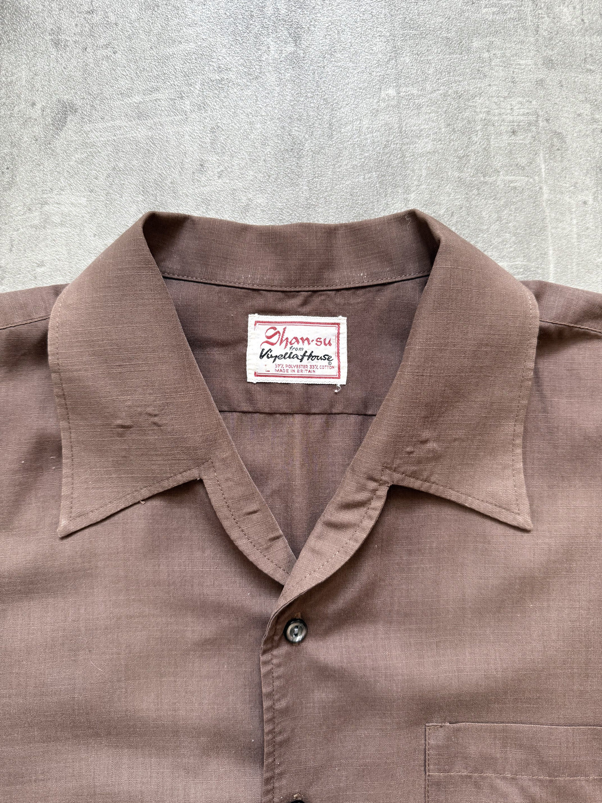 Vintage 1960's British Viyella Open Collar Brown Pocket Holiday Summer Shirt.