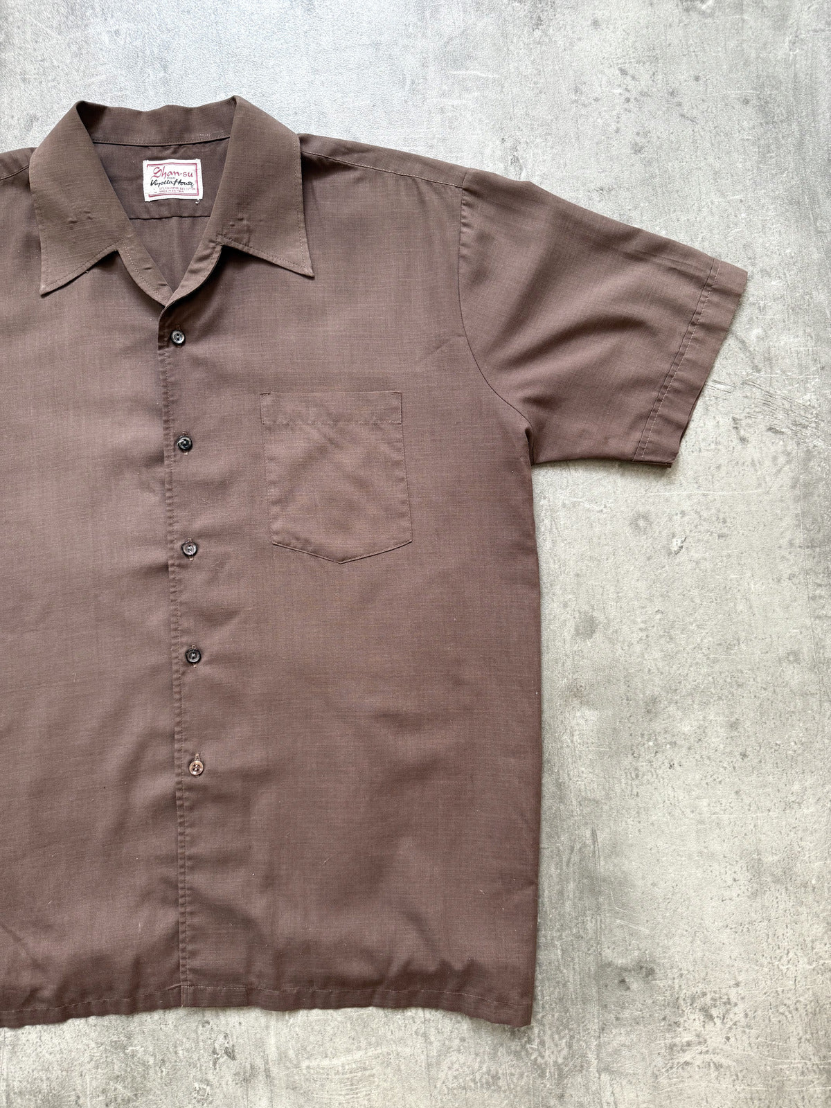 Vintage 1960's British Viyella Open Collar Brown Pocket Holiday Summer Shirt.