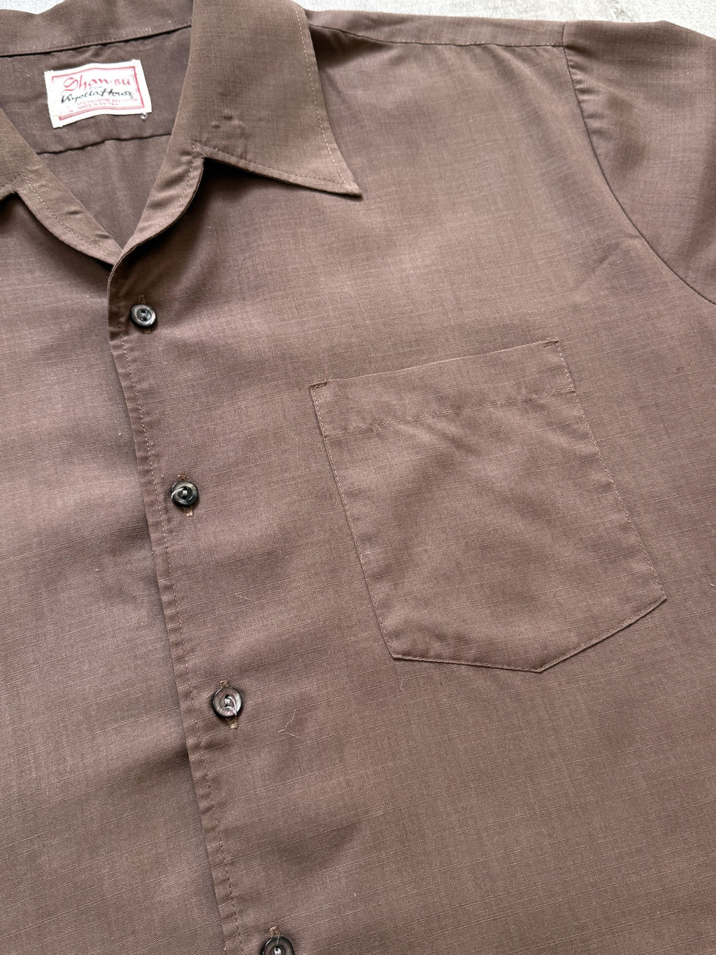 Vintage 1960's British Viyella Open Collar Brown Pocket Holiday Summer Shirt.