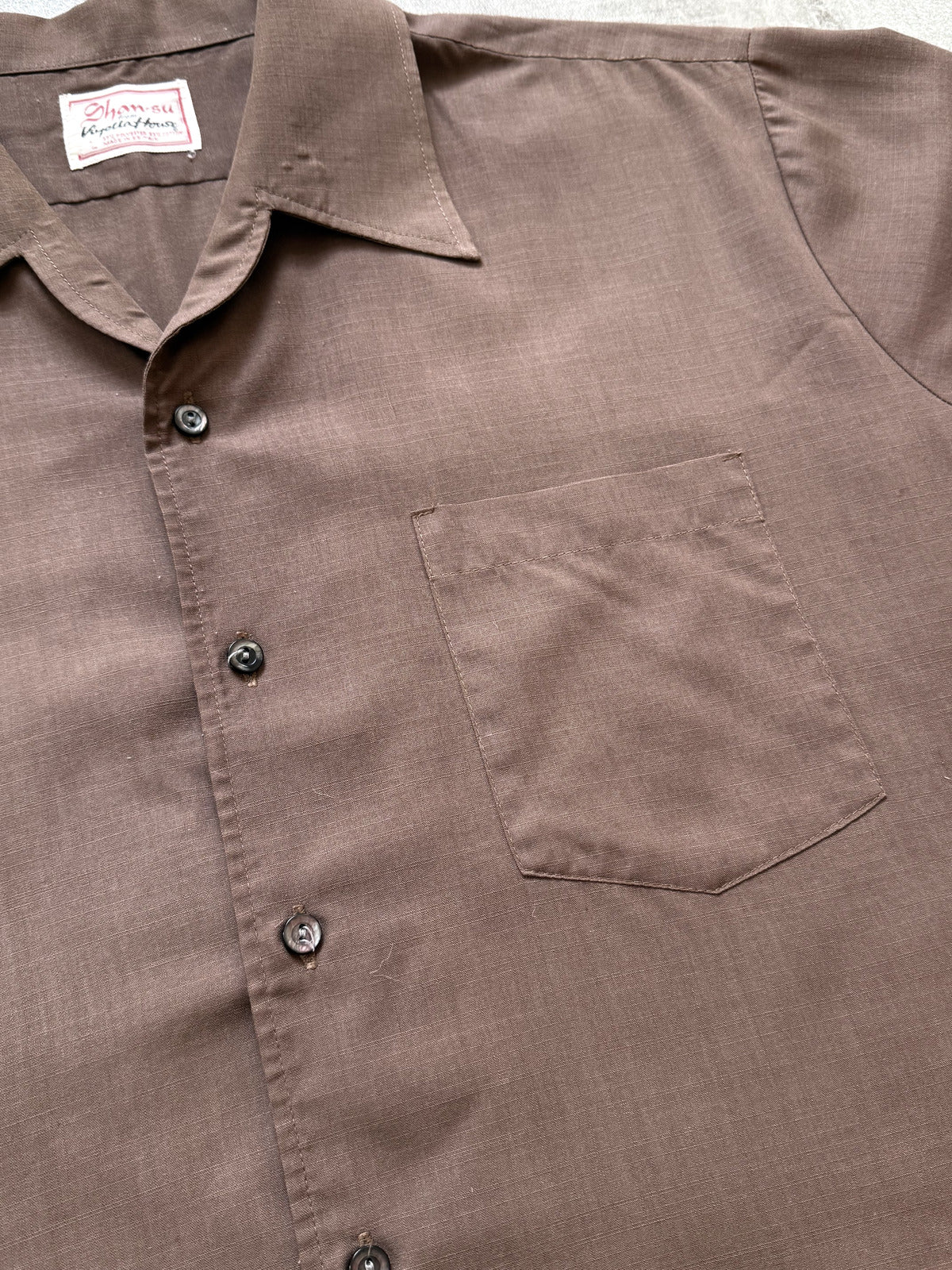 Vintage 1960's British Viyella Open Collar Brown Pocket Holiday Summer Shirt.