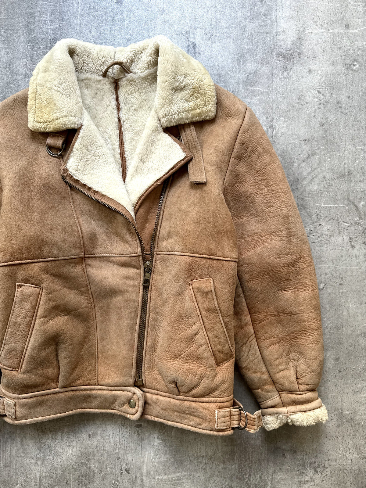 Vintage 80's English Shearling Buckled Hem Asymmetrical Motorcycle Bomber Jacket