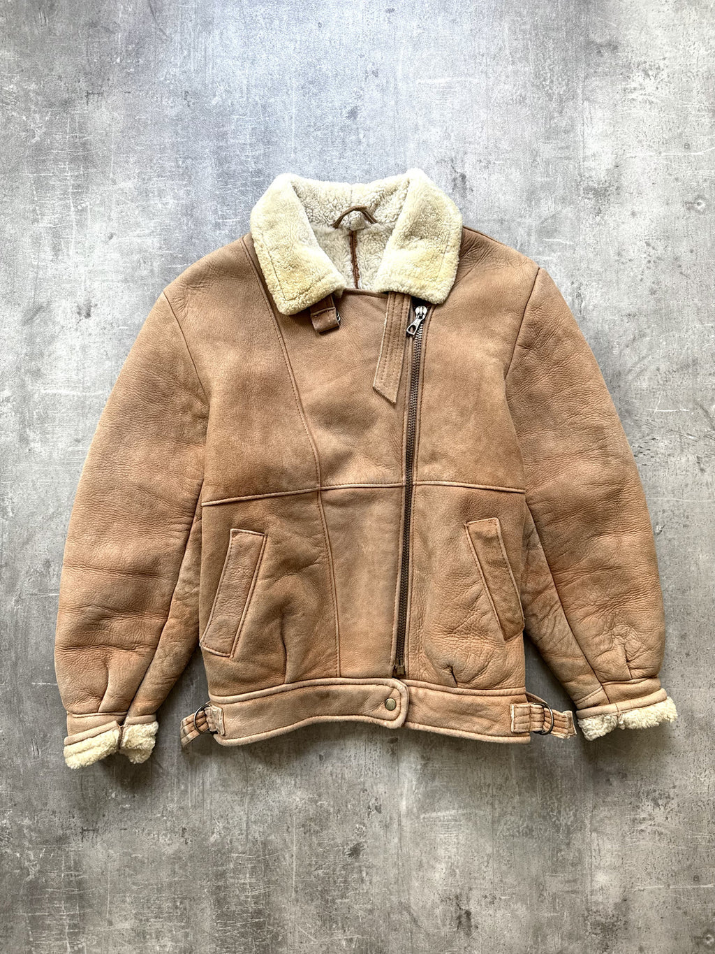 Vintage 80's English Shearling Buckled Hem Asymmetrical Motorcycle Bomber Jacket