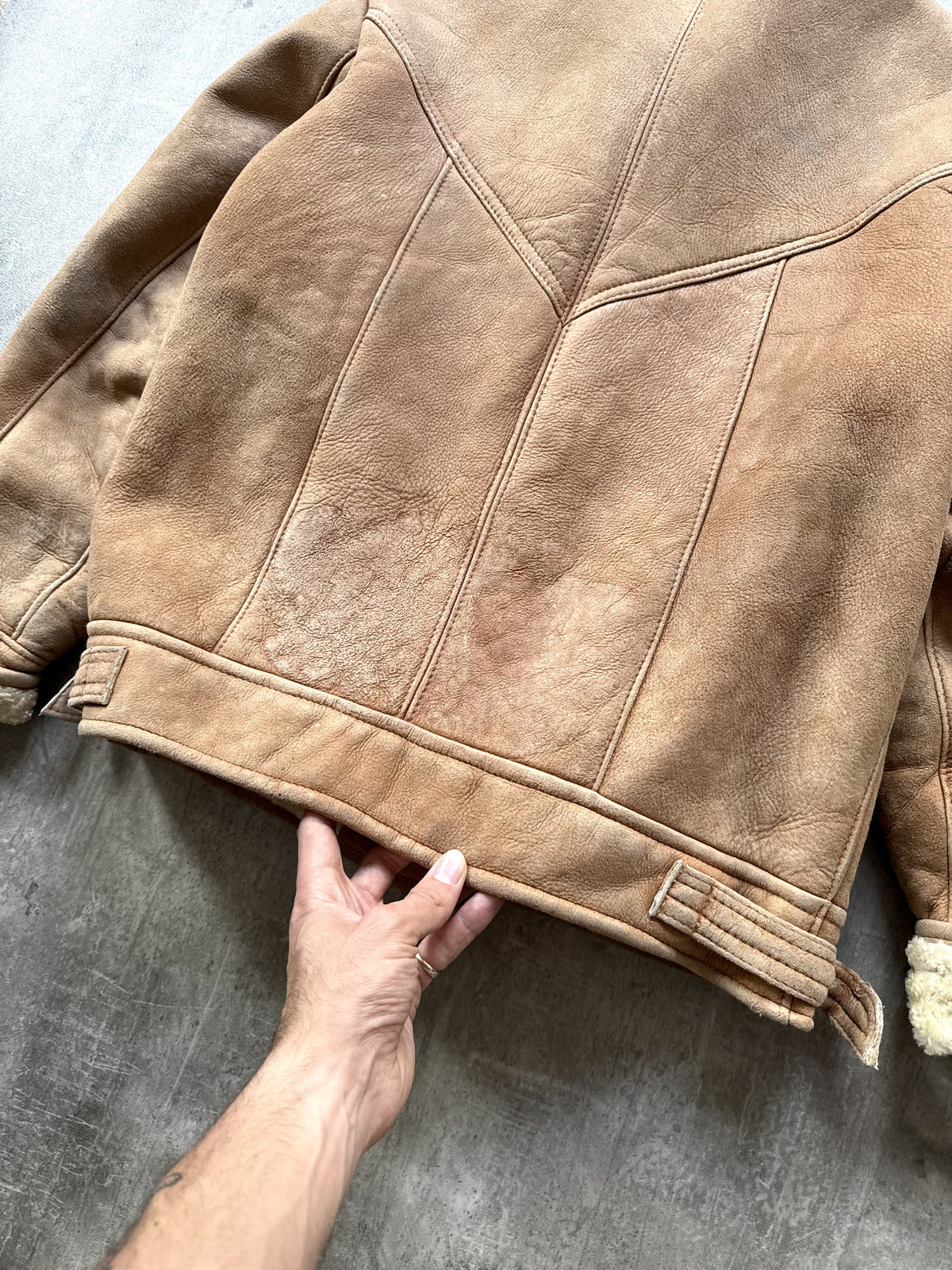 Vintage 80's English Shearling Buckled Hem Asymmetrical Motorcycle Bomber Jacket