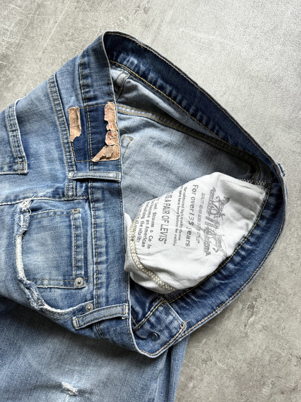 Vintage 2000’s Levis 508 Patched & Thrashed Mid Blue Denim Jeans.