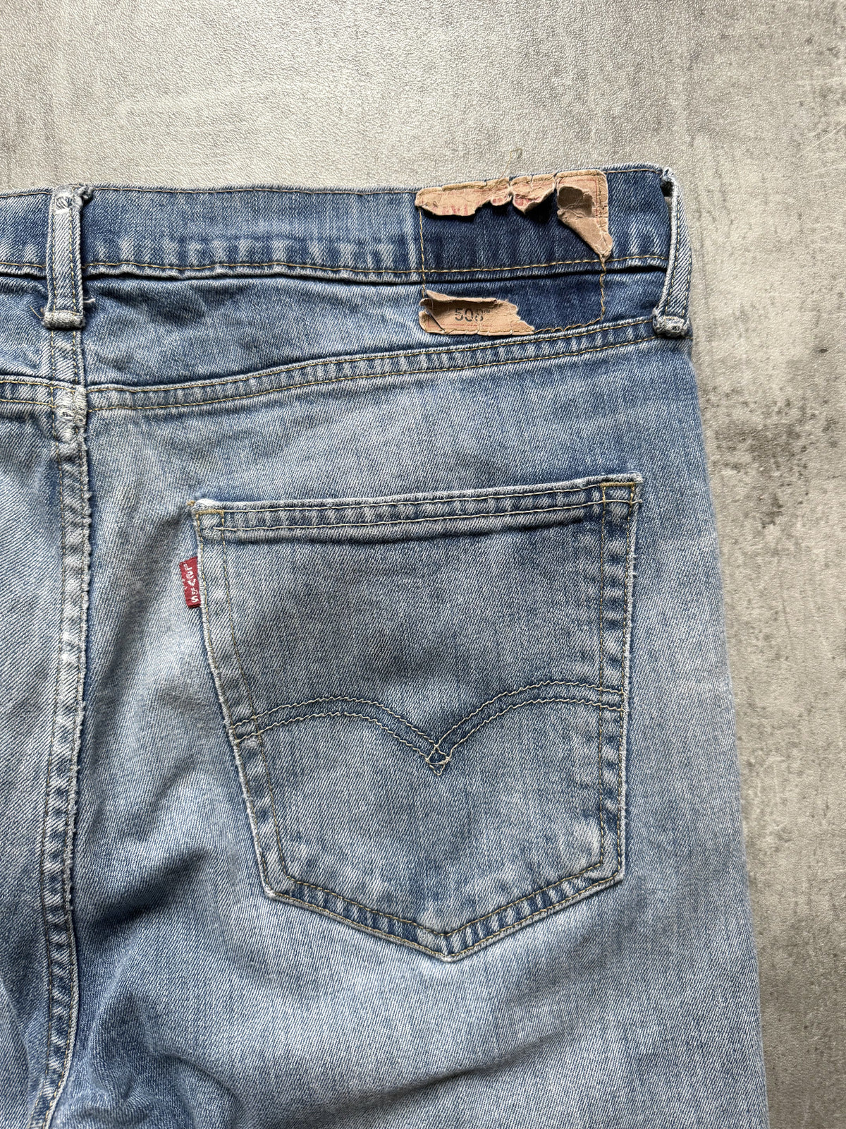 Vintage 2000’s Levis 508 Patched & Thrashed Mid Blue Denim Jeans.