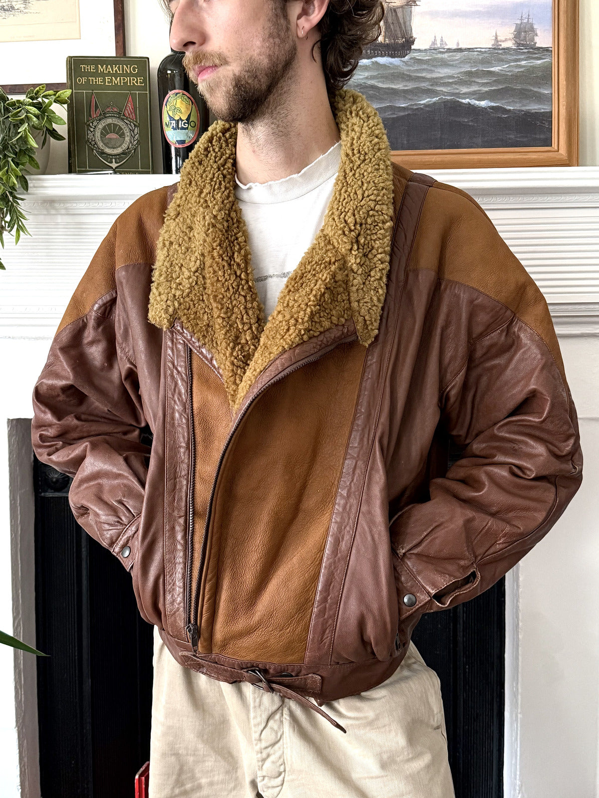Vintage 1980’s Italian Contrast Shearling Asymmetrical Buckled Bomber Jacket