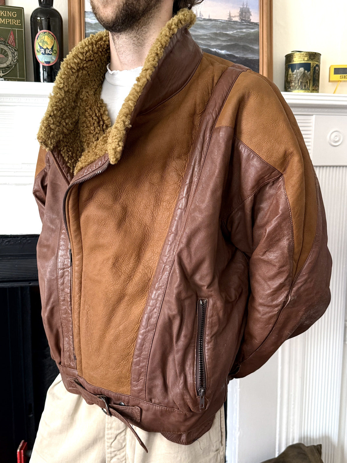 Vintage 1980’s Italian Contrast Shearling Asymmetrical Buckled Bomber Jacket