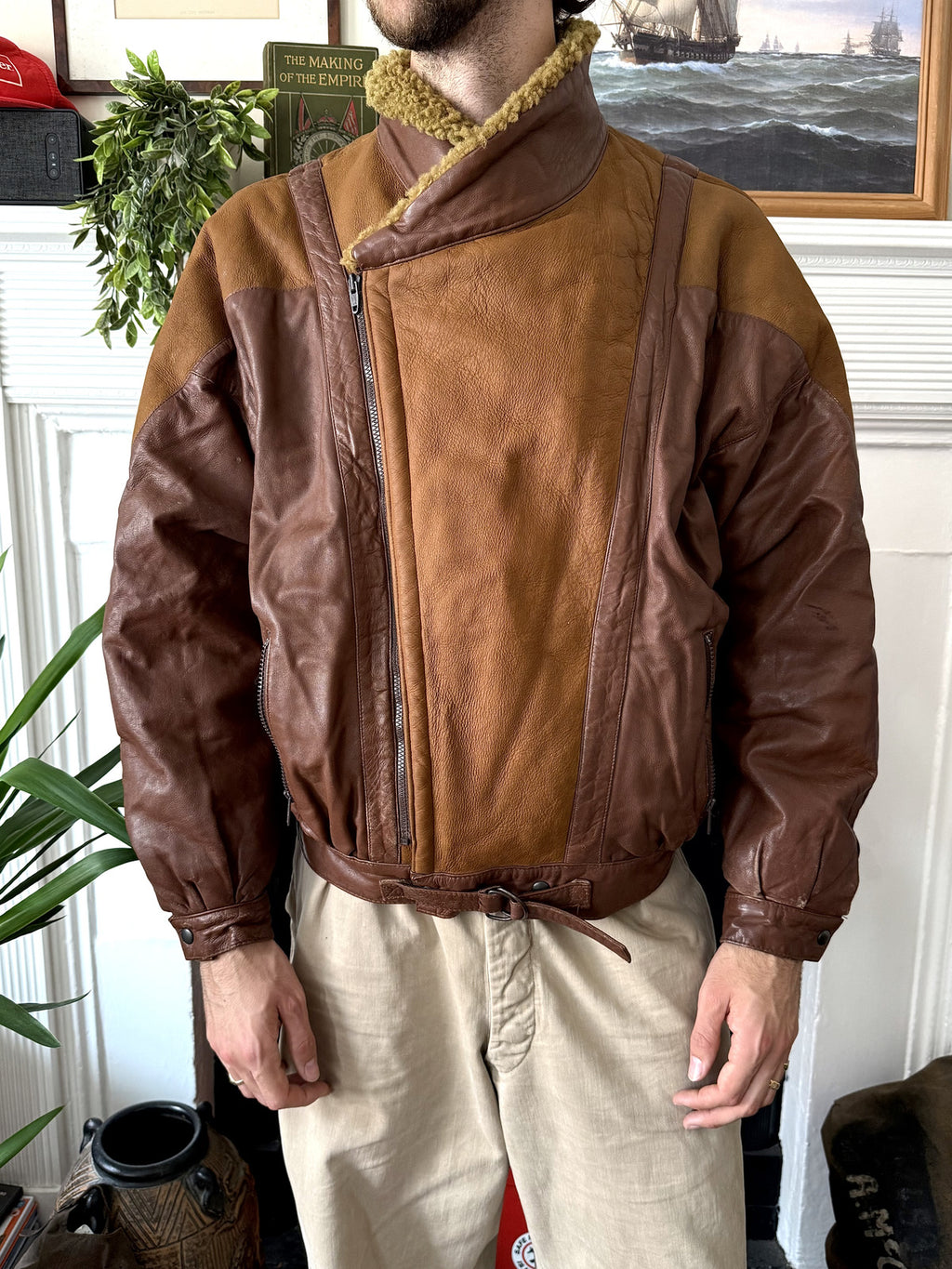 Vintage 1980’s Italian Contrast Shearling Asymmetrical Buckled Bomber Jacket