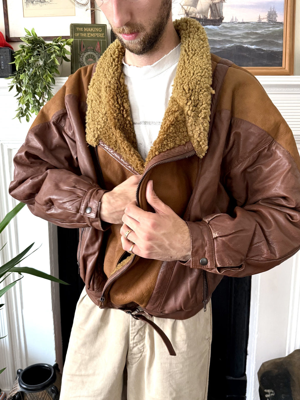 Vintage 1980’s Italian Contrast Shearling Asymmetrical Buckled Bomber Jacket