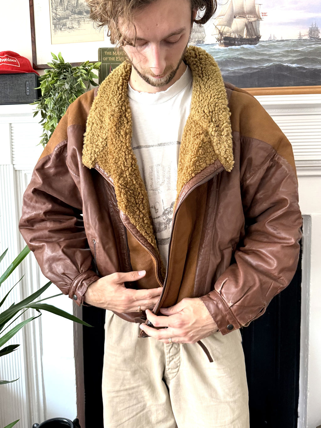 Vintage 1980’s Italian Contrast Shearling Asymmetrical Buckled Bomber Jacket