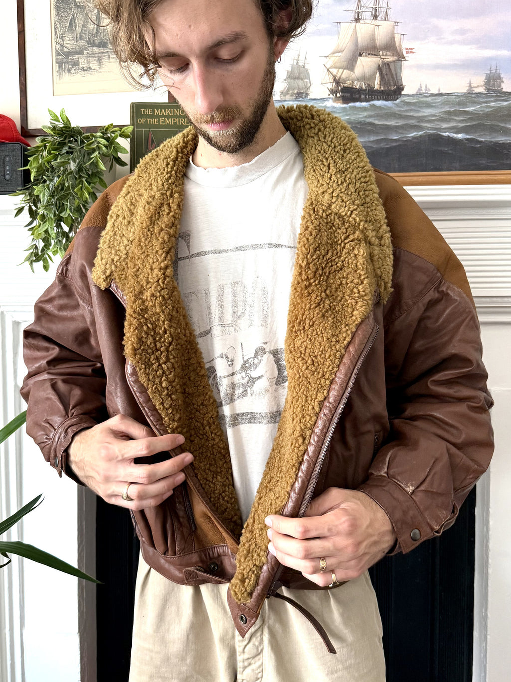 Vintage 1980’s Italian Contrast Shearling Asymmetrical Buckled Bomber Jacket