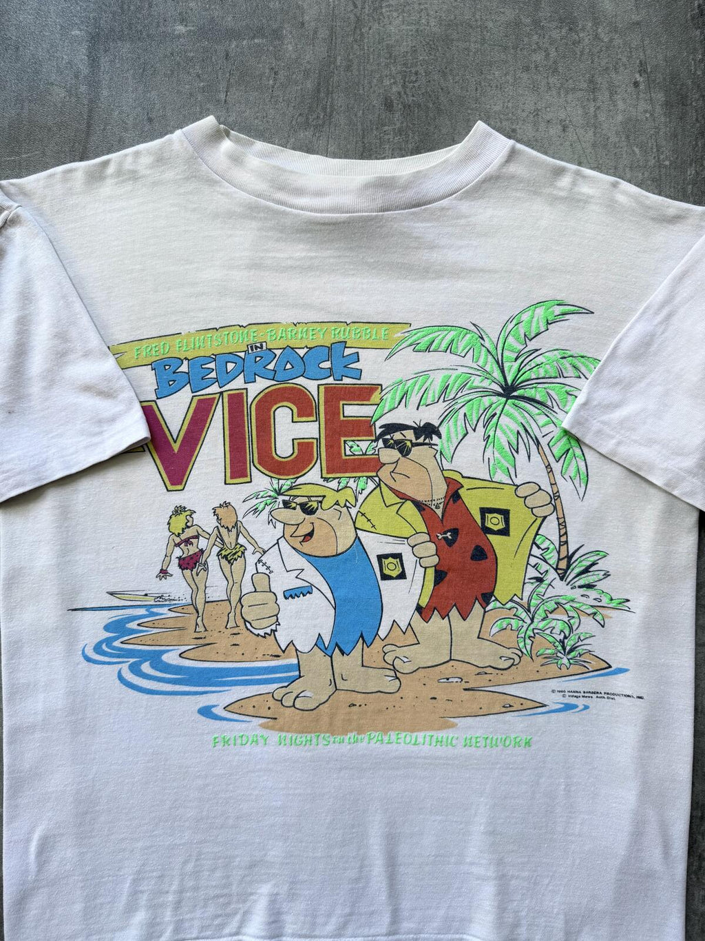 Vintage 1986 Fred Flintstone ‘Bedrock Vice’ Single Stitch Boxy Fit Graphic Tee.