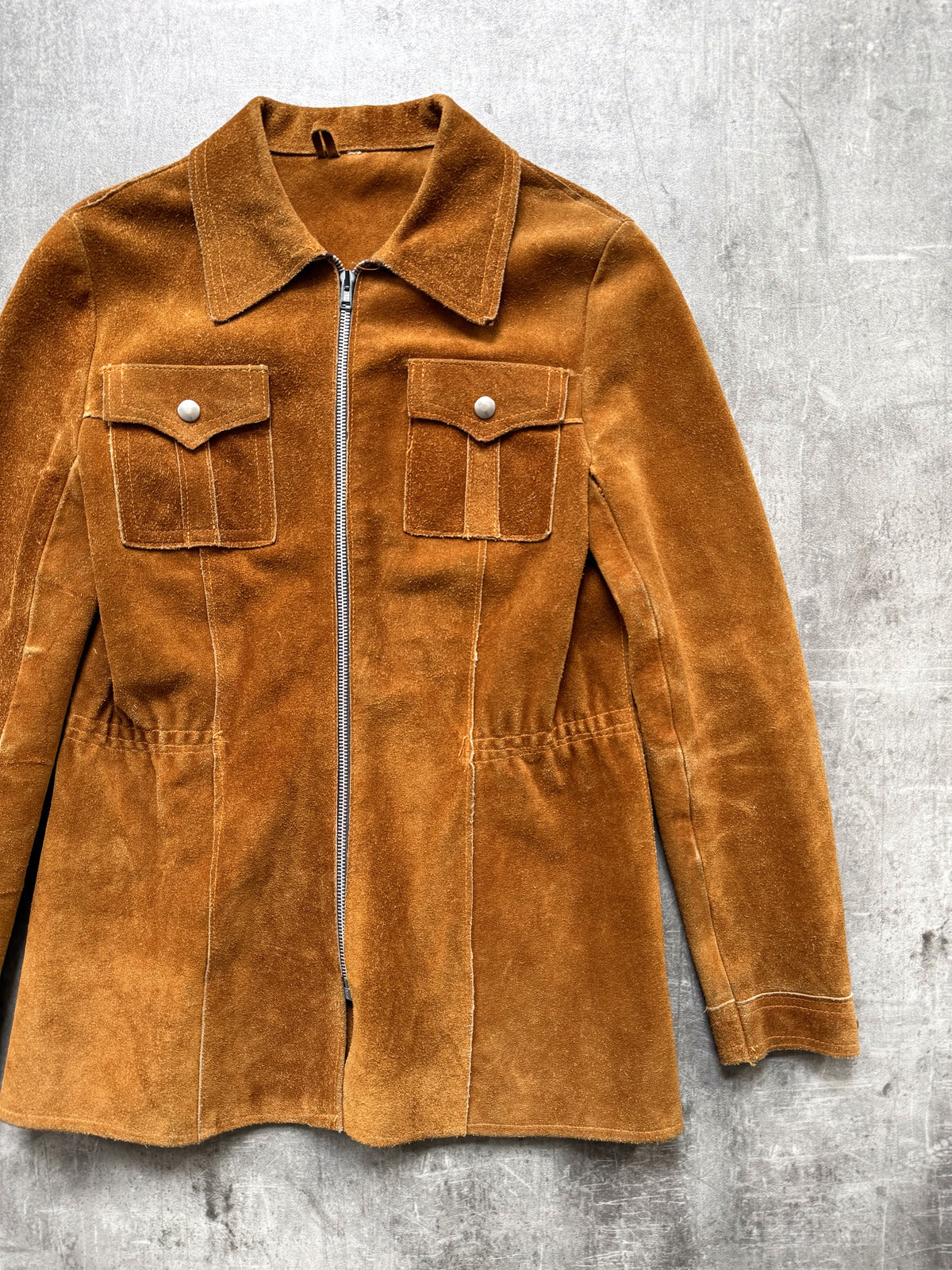 Vintage 1960's English Made Clix Zipper Tan Suede Skinny Jacket.