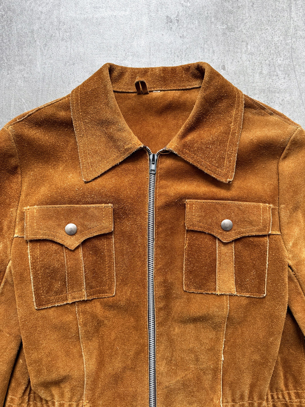 Vintage 1960's English Made Clix Zipper Tan Suede Skinny Jacket.