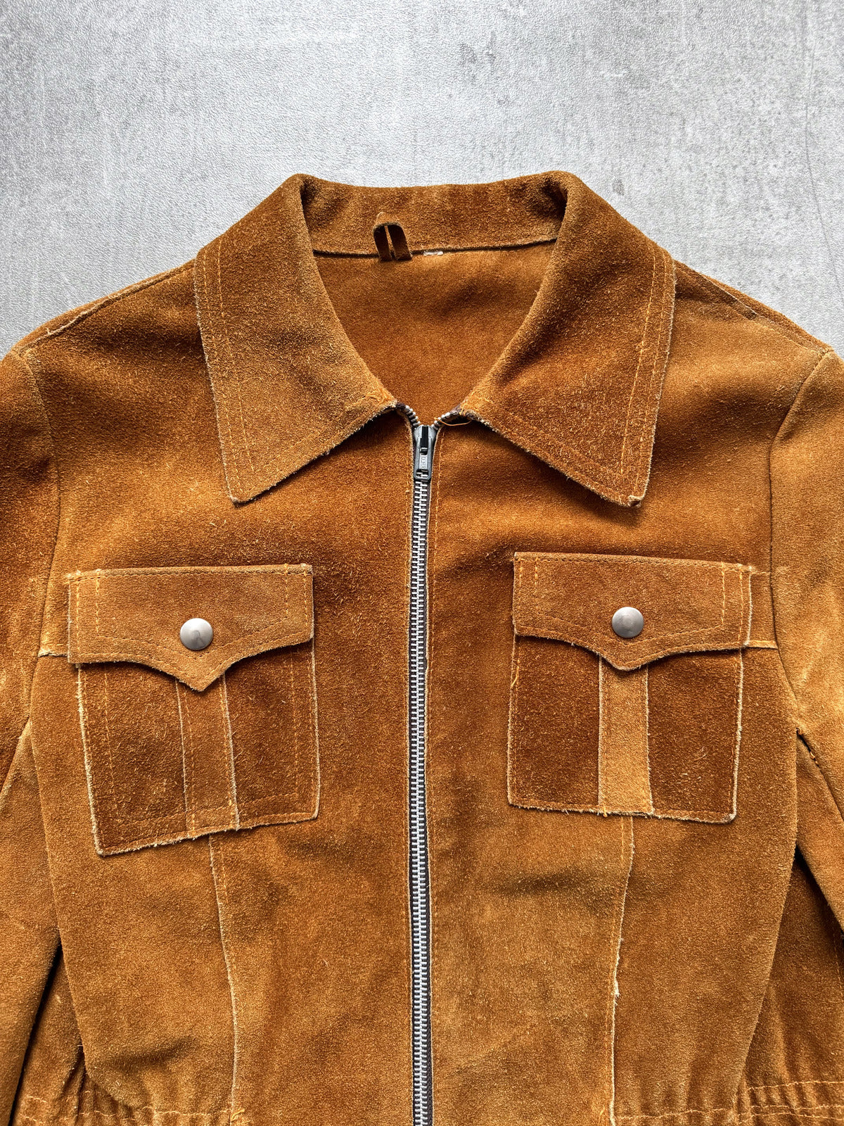 Vintage 1960's English Made Clix Zipper Tan Suede Skinny Jacket.